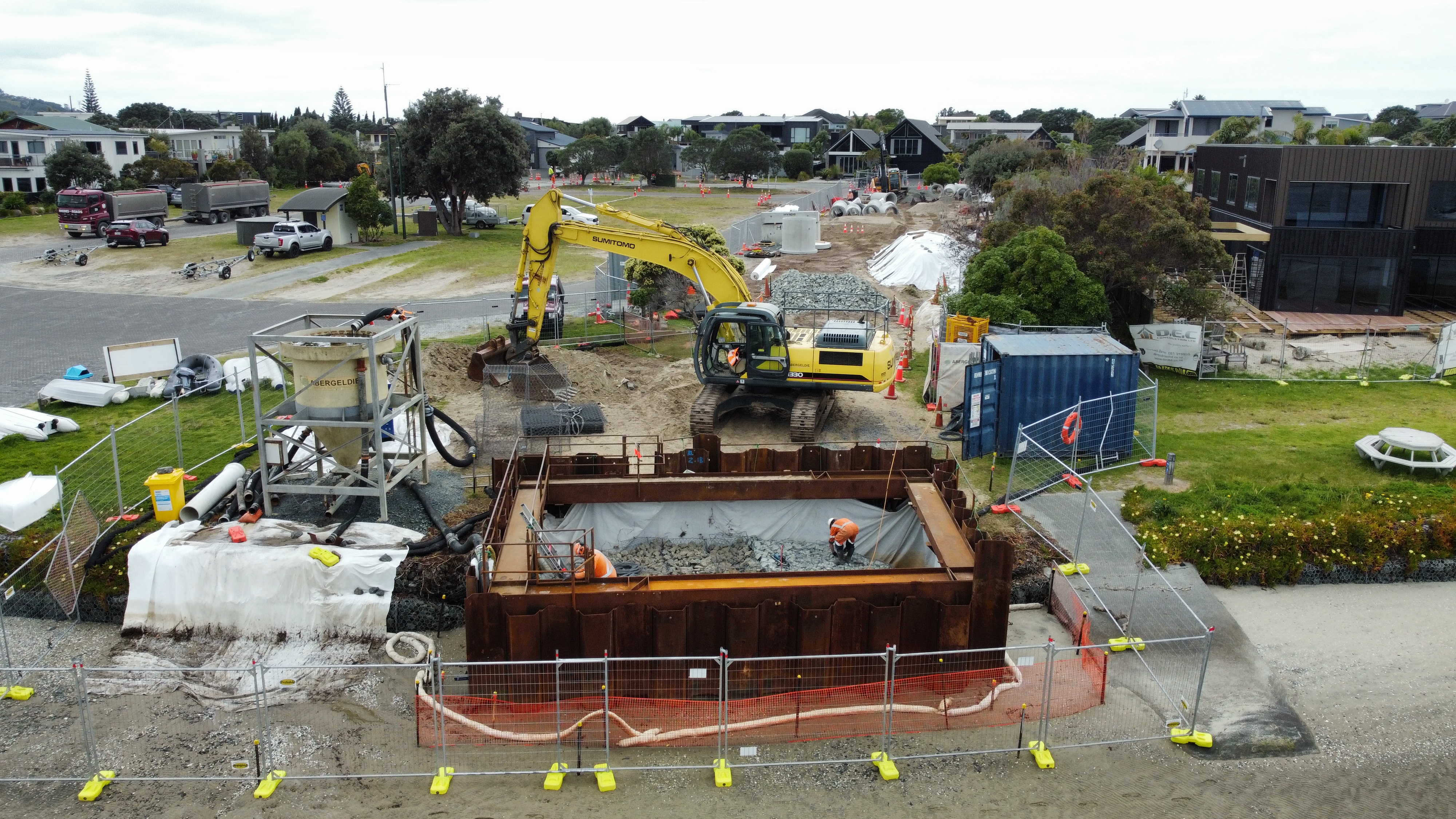 Construction of a gabion wall in a body water