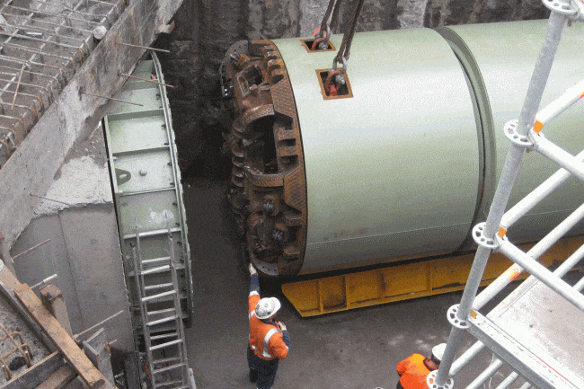 Tunnel Boring Machine in shaft about to drill tunnel