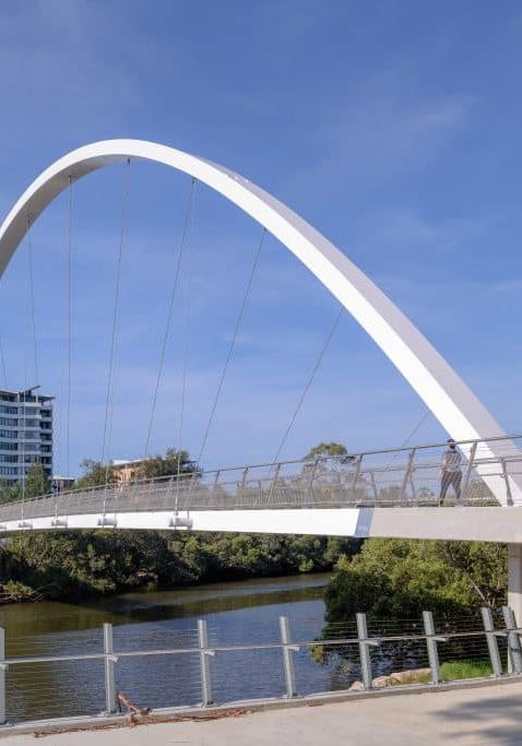 Alfred Street Bridge, Parramatta. Developed by City of Parramatta Council. Lead Design &amp; Engineering by Bonacci Infrastructure. Architecture by Archipelago. Landscape Design by Lat Studios. Constructed by Abergeldie. Photography by The Guthrie Project. Occupying lands &amp; waters stolen from the Burramattagal People of the Dharug Nation.